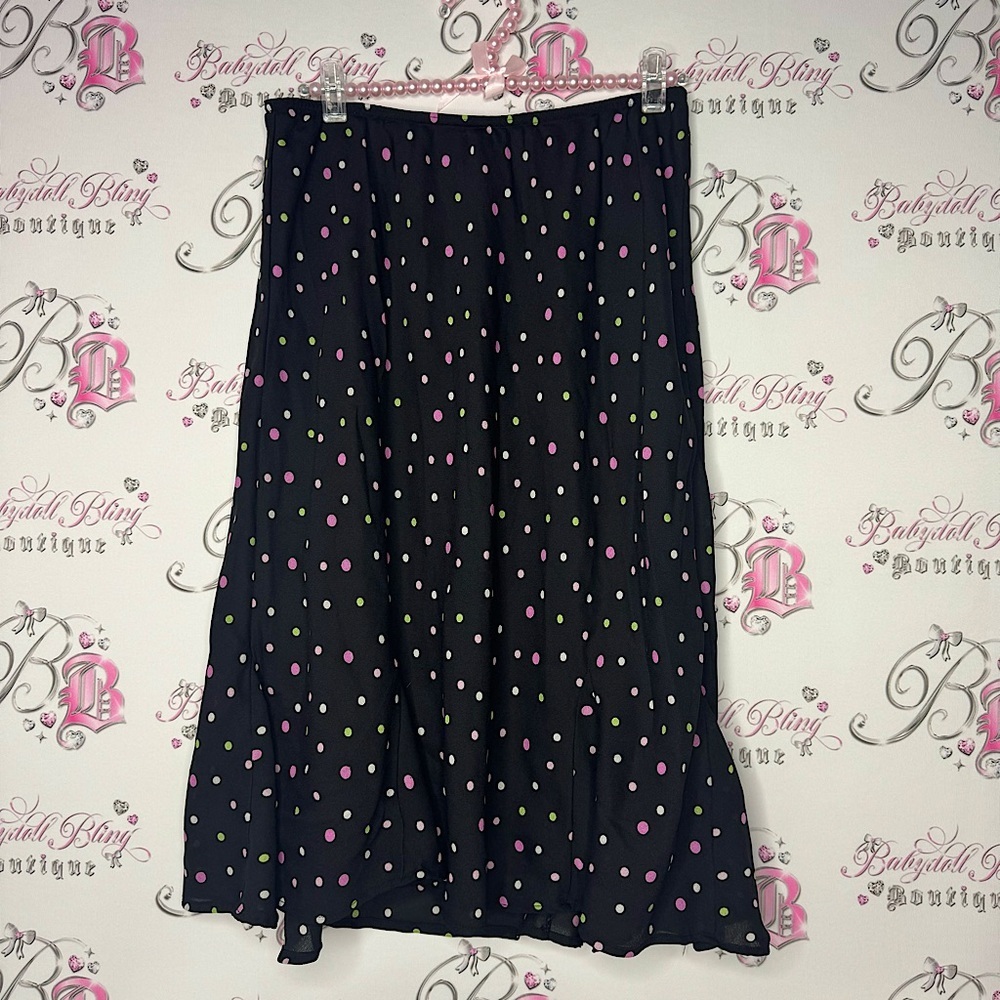 Reitmans skirt polka dot black pink white green dotted mid length cute detail